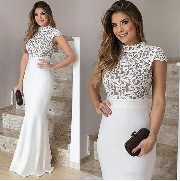 2020 New Style Branco Vestido de Noite elegante alta Neck mangas cobertas Nude Debaixo corpete cabido mulheres vestidos do desgaste da noite