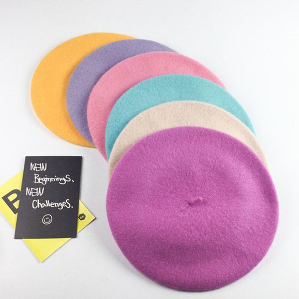 

100% wool beret painter cap baked wheat cake cap warm girl women beret warm female bonnet hats solid color winter30, Blue;gray
