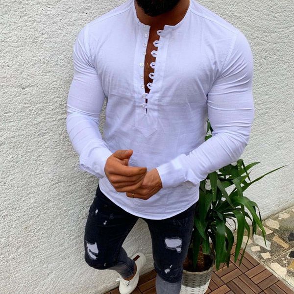 

adisputent fashion mens slim fit linen tight long sleeve casual muscle pure color shirt breathable soft blous size -3xl, White;black