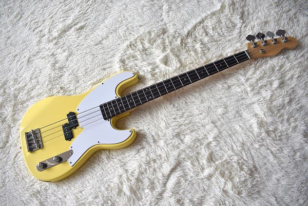 

factory custom yellow 4 strings electric bass guitar with rosewood fretboard,chrome hardware,white pickguard,dots fret inlay,be customized