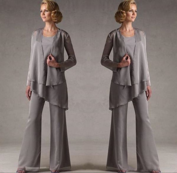 

2020 mother of the groom grey chiffon bridal mother bride pant suits with jacket women evening pant suits long sleeve evening dresses mof013, Black;red
