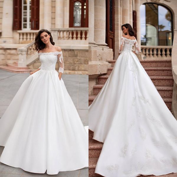 

elegant a line wedding dresses off shoulder 1/2 sleeves lace appliques bridal gowns sweep train wedding dress bridal gowns vestidos de noiva, White