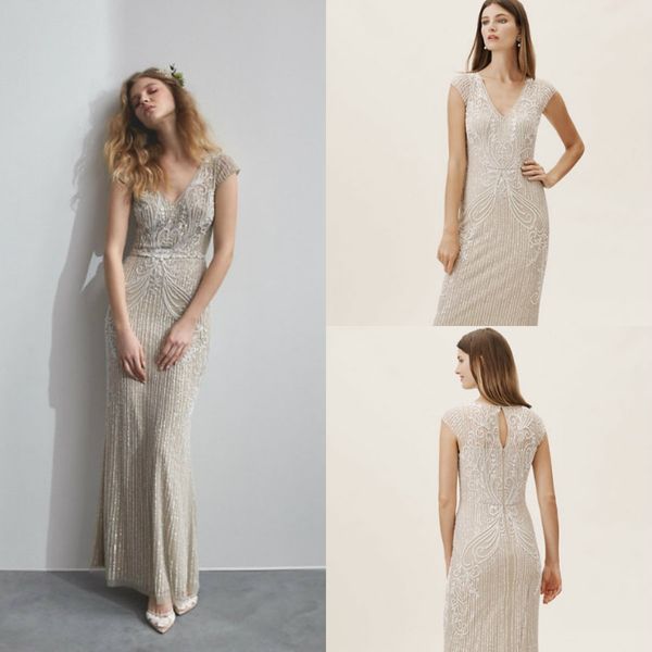 

bhldn mermaid wedidng платья с рукавами с v-образным вырезом и кружевом аппликация из бисера длина пола пляжное свадебное платье на заказ ve, White