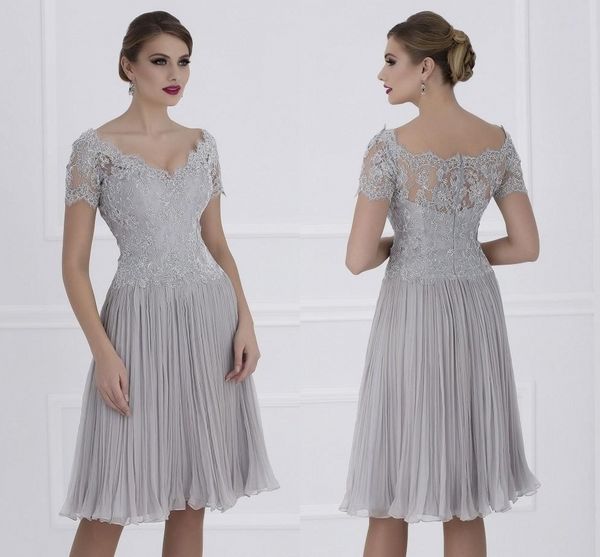 

light gray lace short mother dresses appliques short sleeve evening gowns knee length mother of the bride short prom dresses, Black;red