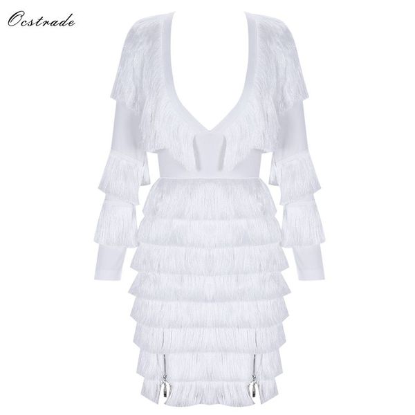 

ocstrade white v neck long sleeve mini tassels party bandage dress h0171-white, Black;gray