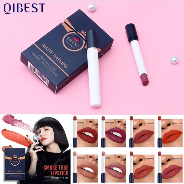 Make-up-Zigaretten-Lippenstift-Set, Qibest Lippenstifte, 4 Farben, mattrot, natürliches Nude, Feuchtigkeitscreme, glatter Lippenstift, Kit, Lipgloss, Weihnachtsgeschenk