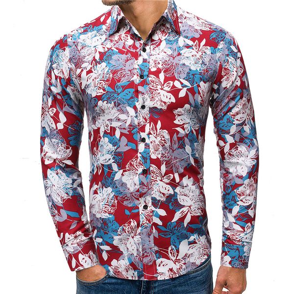 

autumn winter men's shirt slim christmas floral printed trun-down collar button long sleeve hawaiian shirt blouse camisas hombre, White;black