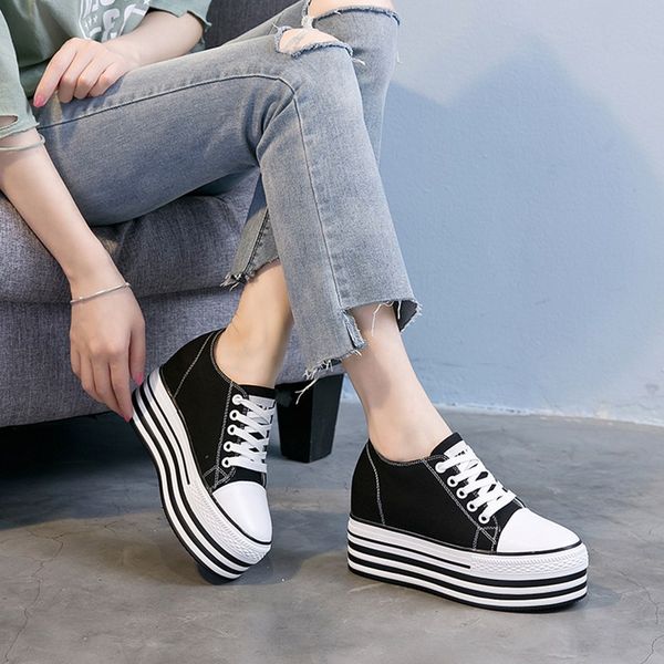 

brand women casual shoes flat platform wedges woman canvas shoes lace up black white sneakers spring autumn mc-01