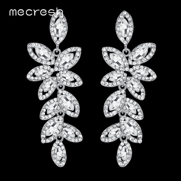 

mecresh crystal silver color big long dangle earrings gorgeous leaf shape bride wedding party hanging earrings meh1084