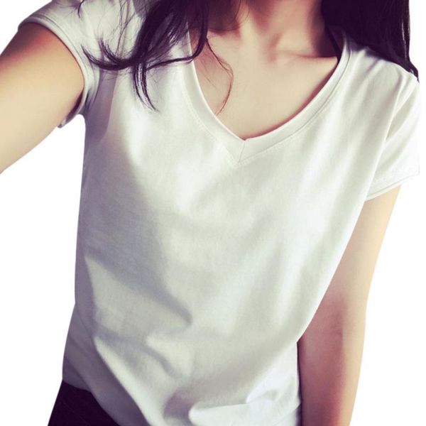 

women casual solid color summer tees fashion slim fit v neck t-shirts, White