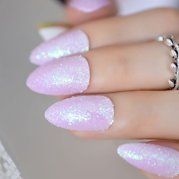 

holo jully light purple almond stiletto fake false nails pointed green light nail art glitter decoration pre design wear tips, Red;gold