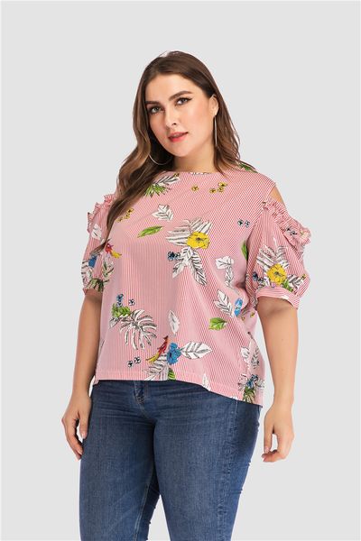 

2019 dhl women's plus size off shoulder blouse short sleeve floral print t-shirt comfy casual for women, White