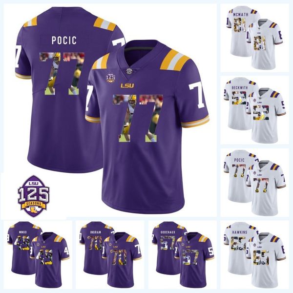 

Printed LSU Tigers 125th 77 Ethan Pocic 49 Barkevious Mingo 52 Kendell Beckwith 57 Davon Godchaux 65 Hawkins NCAA College Football Jersey