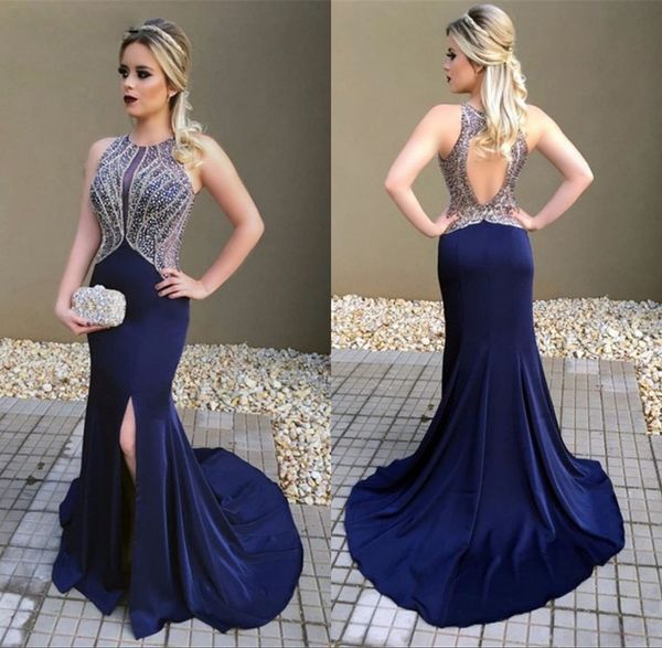 

elegant beads crystals royal blue prom dresses 2020 open back evening party dresses with slit robe de soiree, Black