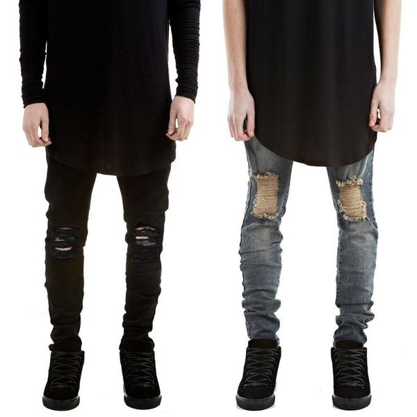 

men's distressed ripped jeans moto black denim pants slim skinny fit trousers