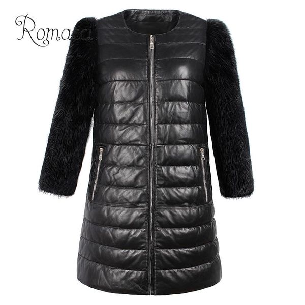 

romacci women faux fur pu long coat jacket 3/4 sleeve zip front side pockets plus size coat casual down jacket overcoat outwear, Black