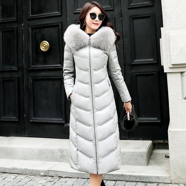 

2019 new winter plus size 4xl women slim natural fur hooded genuine leather jacket female long real sheepskin down coat r250, Black