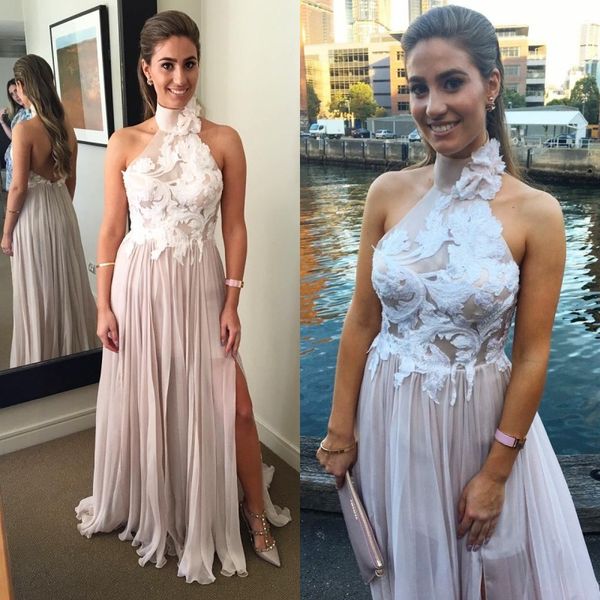 

chic backless prom dresses halter neck sleeveless a line party gowns chiffon side split evening dresses with appliques, Black