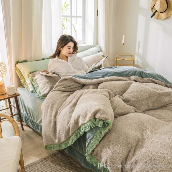 

fb1909003 comfortable ab side bed set solid color home textile lamb fleece duvet cover set double tassel fleece bed linen suit pillowcase 4p