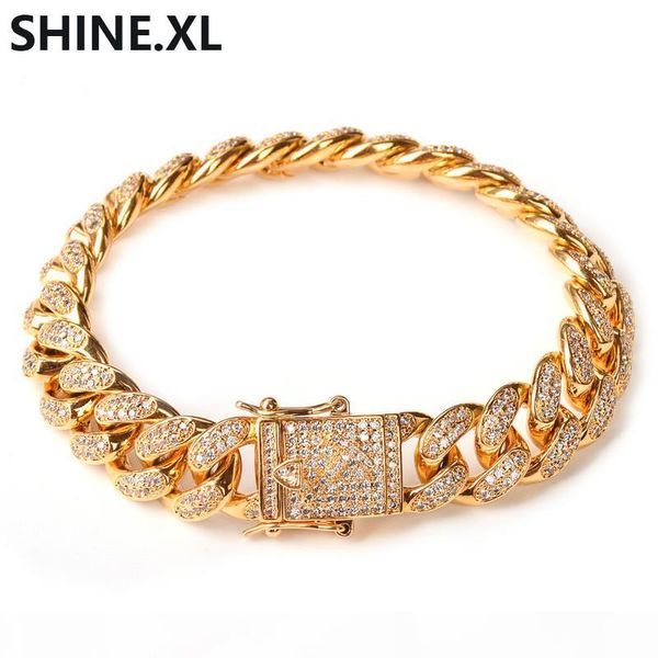 

12mm curb cuban link bracelet gold silver thick heavy copper material iced out cz chain bracelet 8, Black
