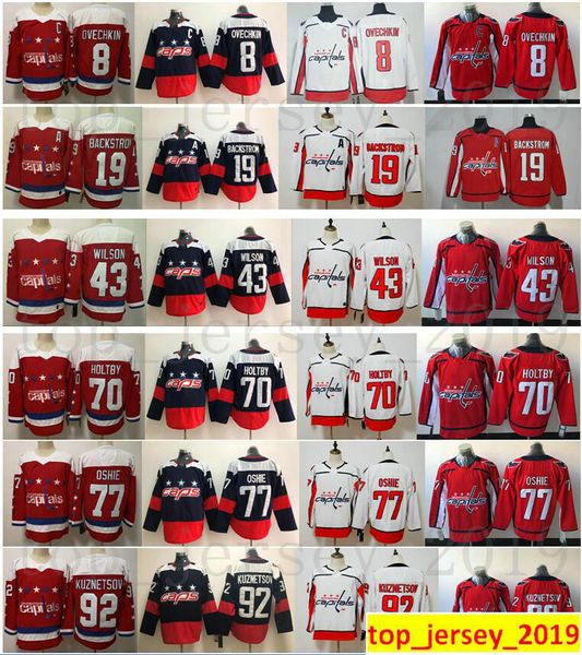 

washington capitals hockey 8 alex ovechkin 19 nicklas backstrom 43 tom wilson 70 braden holtby 77 t.j. oshie 92 evgeny kuznetsov jerseys, Black;red