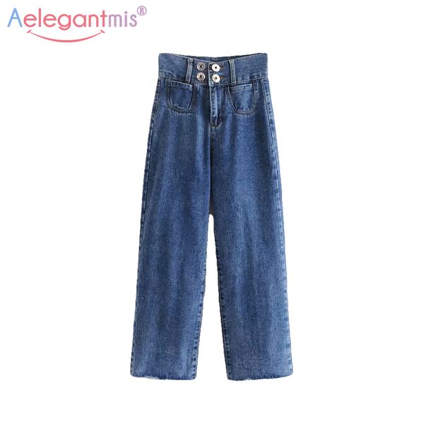 

aelegantmis 2019 fashion vintage washed jeans women casual wide lag denim pants ladies high street loose straight long pants, Blue