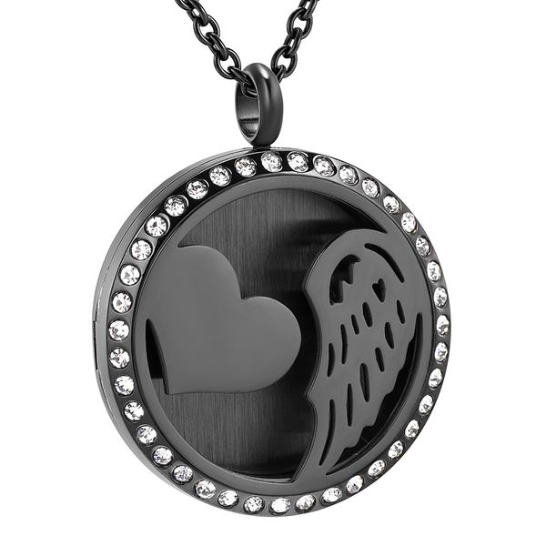 

ijp0364 stainless steel cremation inlay crystal round wing heart urn necklace ashes urn jewelry memorial pendant beautiful gift, Silver