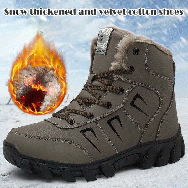 

men leather snow boots plush lined thick winter warm waterproof non-slip shoes j55, Black