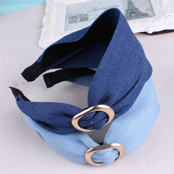 

leisure wide denim fabric metal round headband female boho bangs hairband cotton women bezel turban party hair accessories girl, Slivery;white