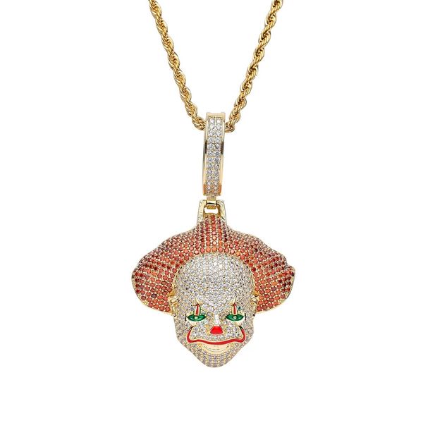 

hip hop clown diamonds pendant necklaces for men copper zircon luxury head necklace real gold plated 3mm 60cm stainless steel twist chain, Silver