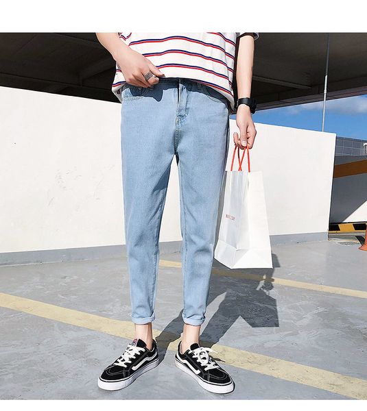 

wholesale 2019 spring autumn jeans hombre men's pants casual washed hip hop trousers feet teenagers straight slim harem jeans, Blue