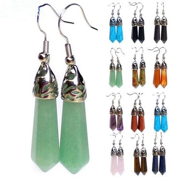 

women natural crystal hexagonal earrings retro dangle earrings, Silver