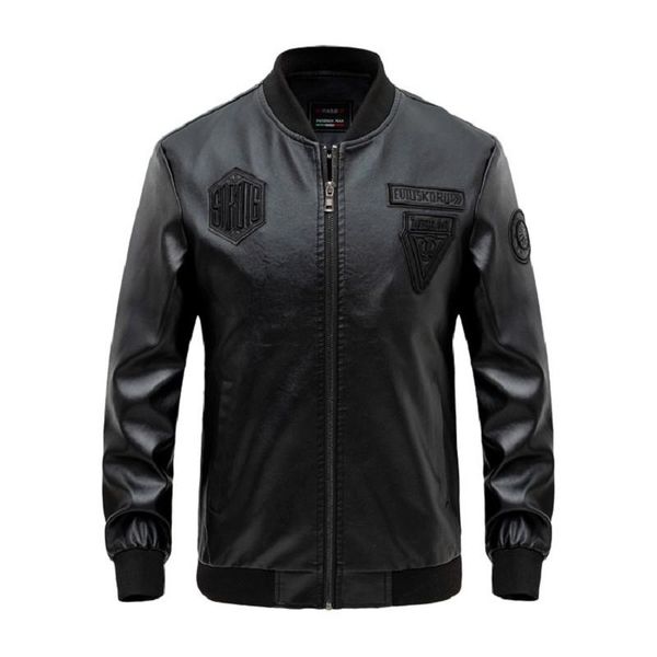 

applique jackets solid crew neck fashion male coats zipper long sleeve homme outerwears with pockets mens designer pu, Black;brown