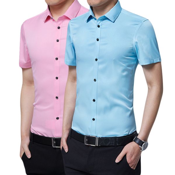 

lisibooo new fashion short sleeve mens casual shirt slim fit mens short sleeve shirt solid color chemise homme, White;black