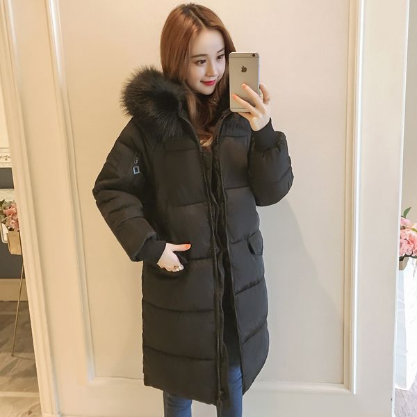 

толщина парк x-длинный пиджак хлопок проложенный случайные 2020 зима женщин с капюшоном с меховым воротником пальто femme твердого outwear м, Black