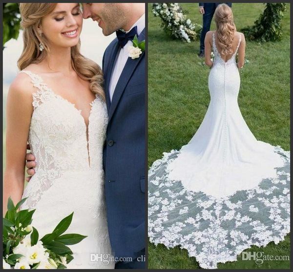 

2019 elegant spaghetti lace wedding dresses sleeveless deep v neck appliques long train bohemia bridal gowns backless wedding dress, White