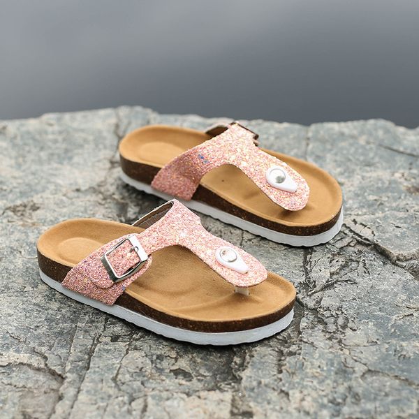 

2020 new kids slippers summer beach children cork sandals bling sequins for family shoes leopard barefoot flats girls slipper, Black;red