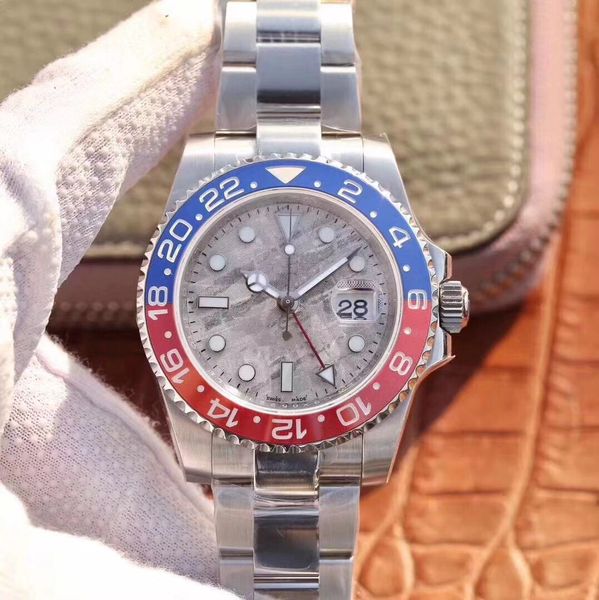 116710 montre de luxe 2836 movimento rosso e blu lunetta in vera ceramica incisione laser accurato calibrazione doppio fuso orario orologio di lusso orologi di marca orologi da polso