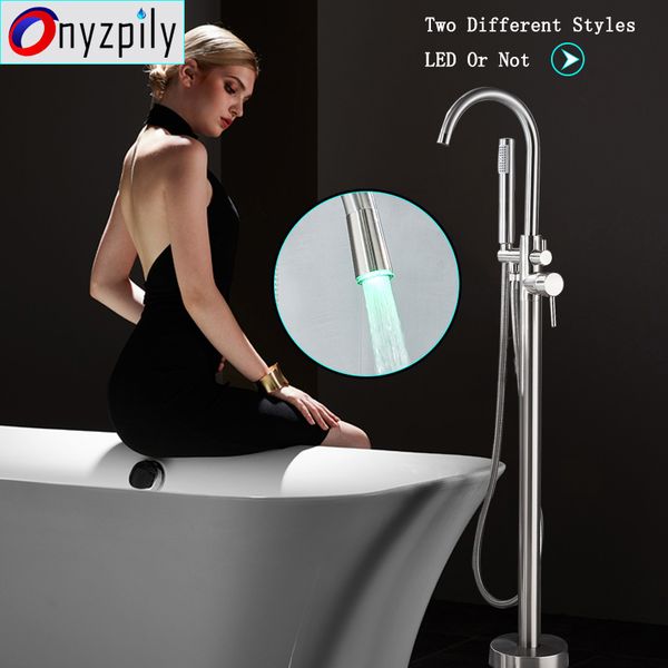 

onyzpily brushed led bath shower faucet floor mounted bathtub mixer faucet with abs handheld shower tanding tub sink tap
