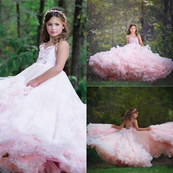

tier ruffle skirt pink girl pageant dresses 2020 adorable kids birthday communion gowns spaghetti strap criss-corss back flower girl dress, White;red
