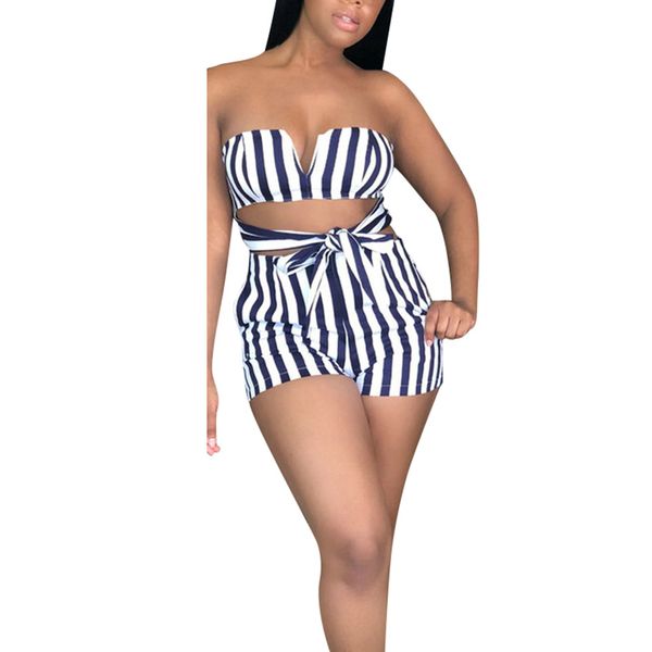 

womail fashion comfortable women off shoulder striped sleeveless spaghetti front tie shorts jumpsuits m300111, Black;white