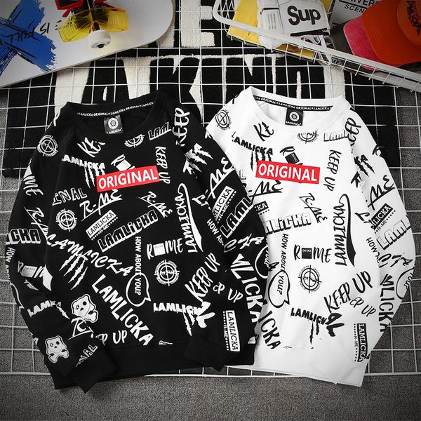 

hoodies 2019 dress letter hip hop lovers white doodle round neck sweater male long sleeve jacket in the tide loose coathoodie hoodie, Blue;black