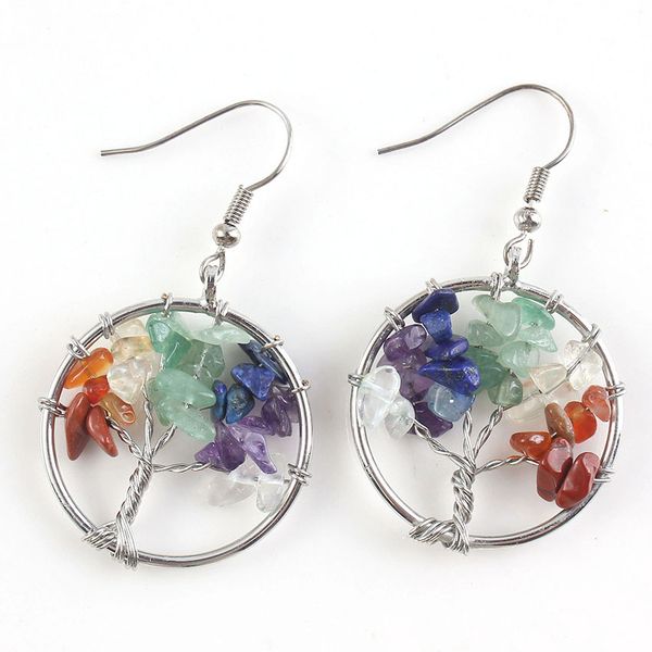 

wholesale 10 pairs silver plated wire wrap tree of life rock crystal dangle earrings for women rainbow stone jewelry