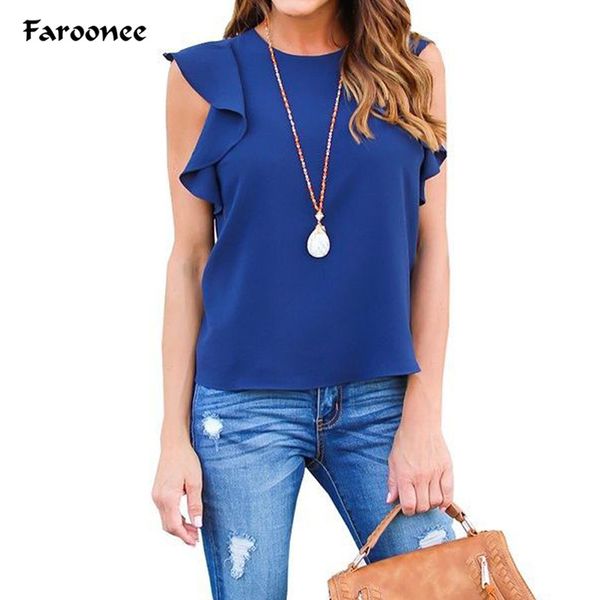 

flounce shoulder round neck floral blouse white black ruffle sleeveless chiffon blouses women summer casual elegant