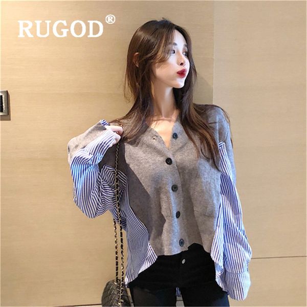 

rugod 2019 new women sweater patchwork striped shirt chic korean fashion temperament fake 2-piece cardigan autumn women blouse, White