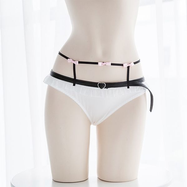 

women's panties maid pure white milk silk cute heart bowknot pu belt lolita cosplay japanese women ruffles trim secy briefs underwear, Black;pink