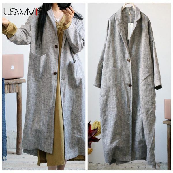 

2018 winter trench coat literature retro linen single breasted turn-down collar long sleeve solid color joker windbreaker uswmie1, Tan;black