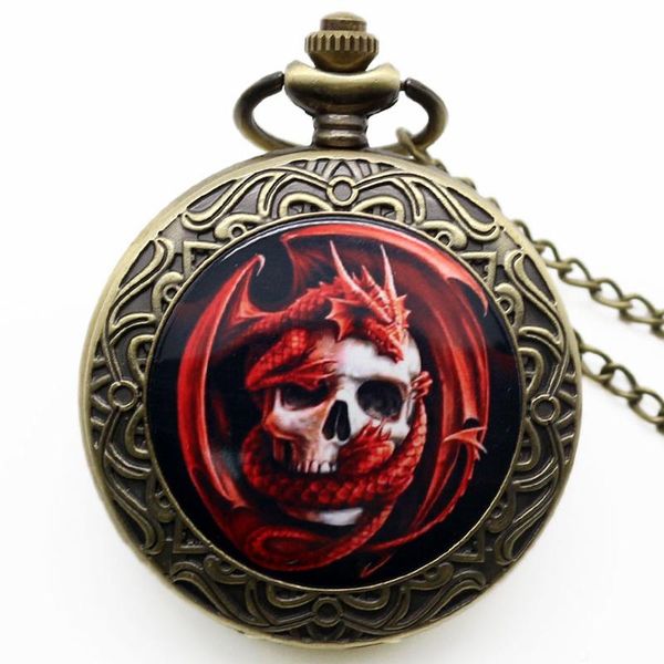 

Steampunk Gothic Bronze Red Skull Dragon Quartz Pocket Watch Necklace Pendant Chain Men Women Boy Girls Children Halloween Gift + Clock Bag