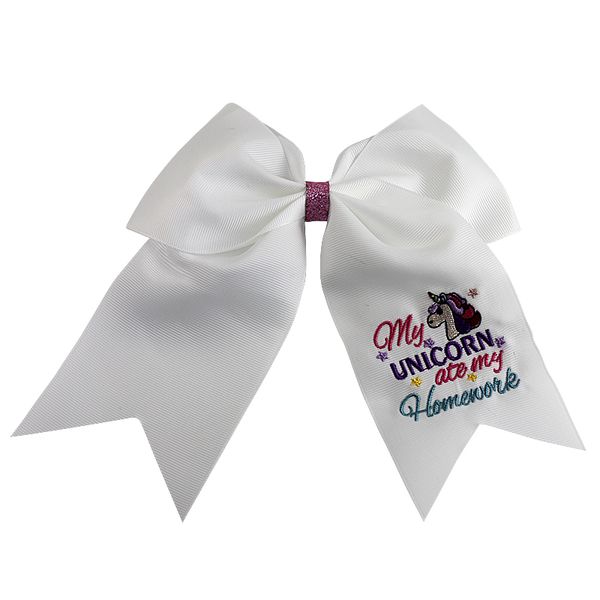 

7 inch unicorn embroidery hair bows printed stripes cheer bows with crocodile clip kids girls hair accessories cheer, Slivery;white
