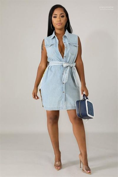 

sleeveless summer shirt dress with belt ladies casual denim skirt womens designer dresses flora printed fashion, Black;gray